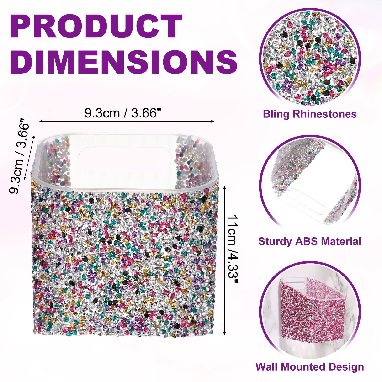 PRODUCT DIMENSIONS

9.3cm / 3.66"  
Bling Rhinestones  
Sturdy ABS Material  
Wall Mounted Design