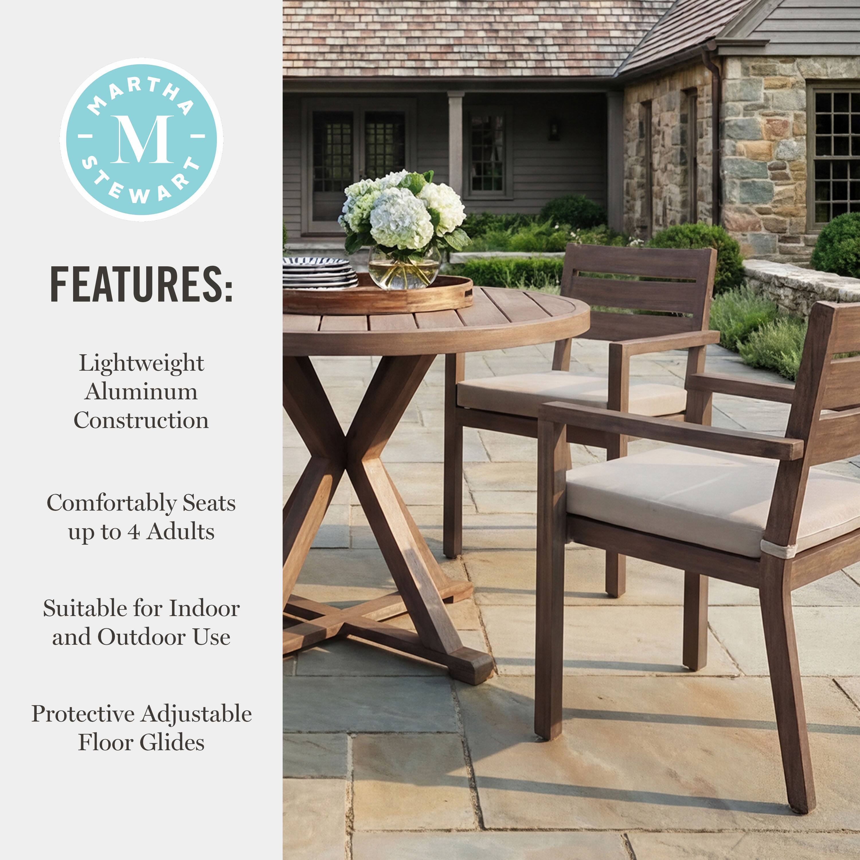 MARTHA STEWART FEATURES: Lightweight Aluminum Construction Comfortably Seats up to 4 Adults Suitable for Indoor and Outdoor Use Protective Adjustable Floor Glides