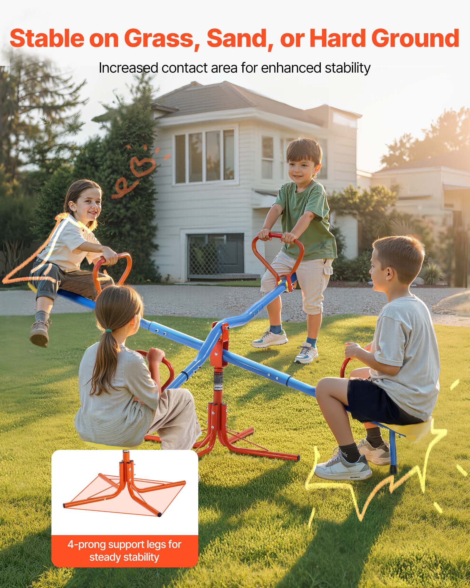 Stable on Grass, Sand, or Hard Ground. Increased contact area for enhanced stability. 4-prong support legs for steady stability.