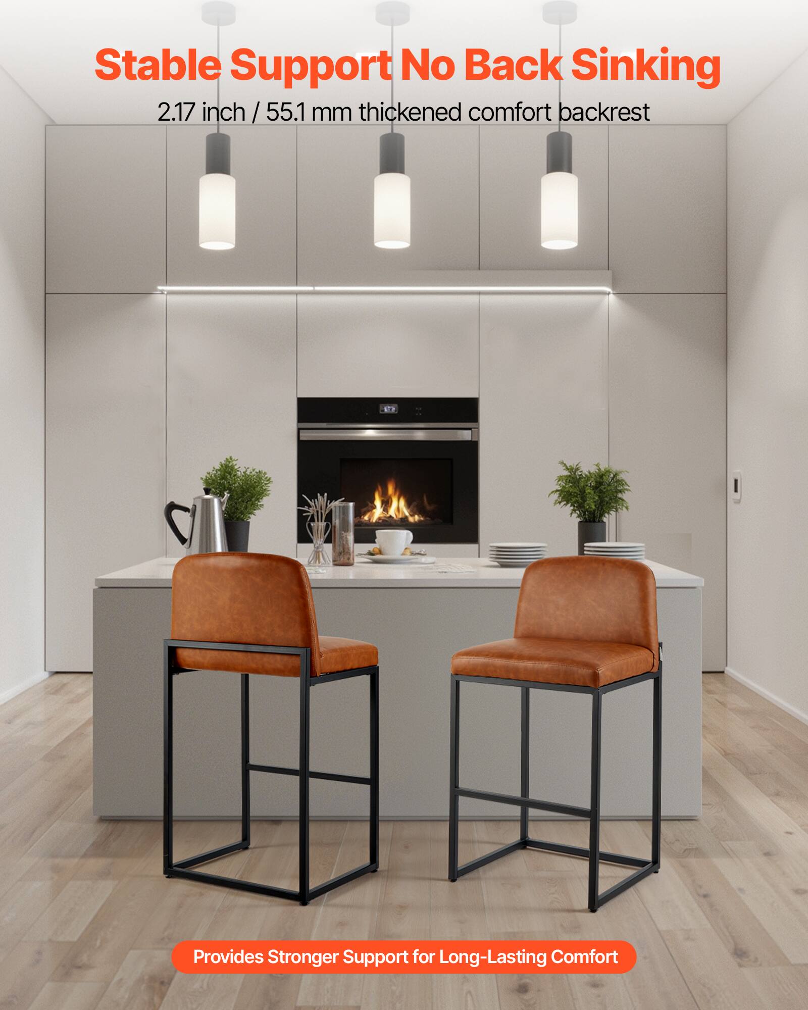 Stable Support No Back Sinking  
2.17 inch / 55.1 mm thickened comfort backrest  
Provides Stronger Support for Long-Lasting Comfort