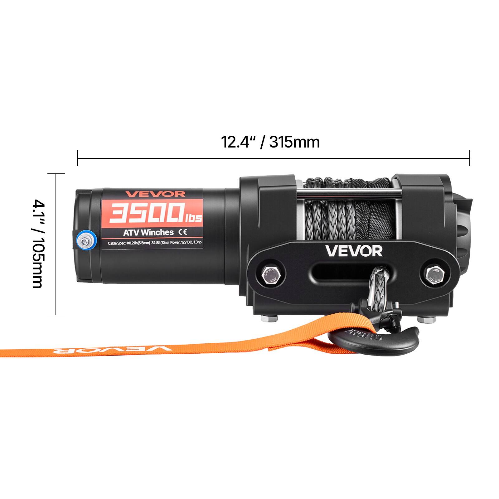 12.4" / 315mm  
4.1" / 105mm  
VEVOR  
3500 lbs  
ATV Winches  
CE  
Cable Spec: 6x27 Strand, 32.5mm  
Power: 12V DC, 13Amp  
Spec-0029  
Model: ZR  
VEVOR