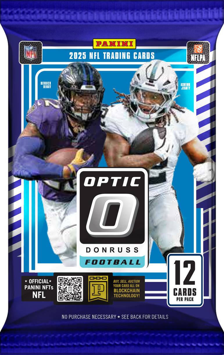 PANINI 2025 NFL TRADING CARDS T NFLPA DERRICK HENRY ASHION JEANTY OFFICIAL PANINI NFTs NFL OPTIC O DONRUSS FOOTBALL 300 BUY, SELL, AUCTION YOUR CARD ALL ON P BLOCKCHAIN TECHNOLOGY! 12 CARDS PER PACK NO PURCHASE NECESSARY SEE BACK FOR DETAILS