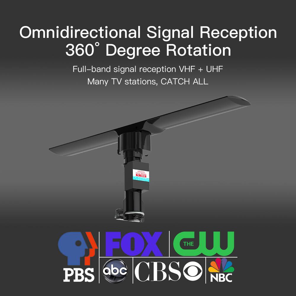 Omnidirectional Signal Reception  
360° Degree Rotation  
Full-band signal reception VHF + UHF  
Many TV stations, CATCH ALL  

PBS | FOX | CW | THE CW | abc | CBS | NBC