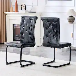 Loheer - Retro Alligator Faux Leather Dining Chairs Set of 2 with Metal Bow Legs 1.37x1.87x3.30 ft - Black