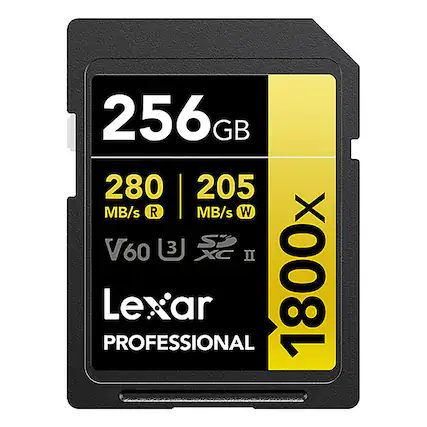 256 GB
280 MB/s R
205 MB/s W
V60
XC II
Lexar PROFESSIONAL 1800x