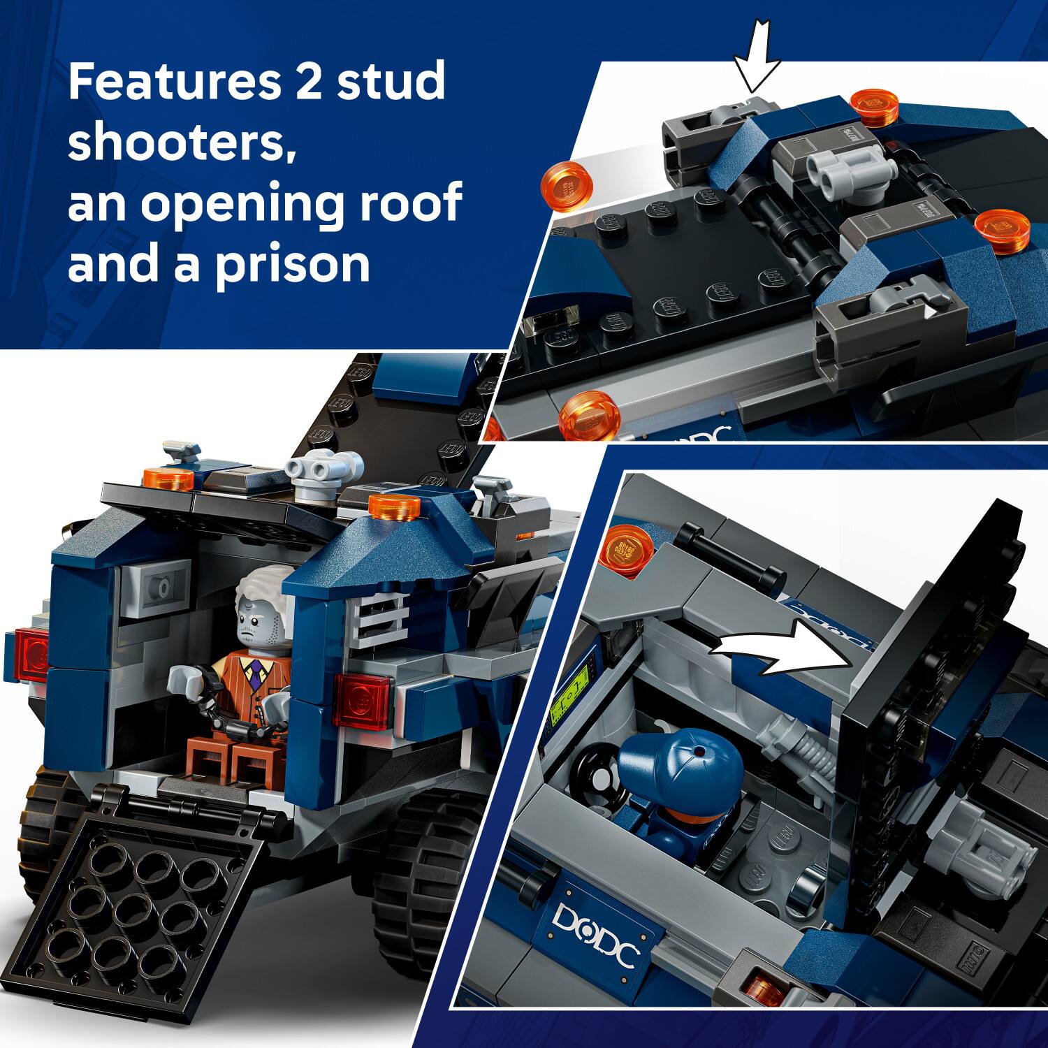 Features 2 stud shooters, an opening roof and a prison