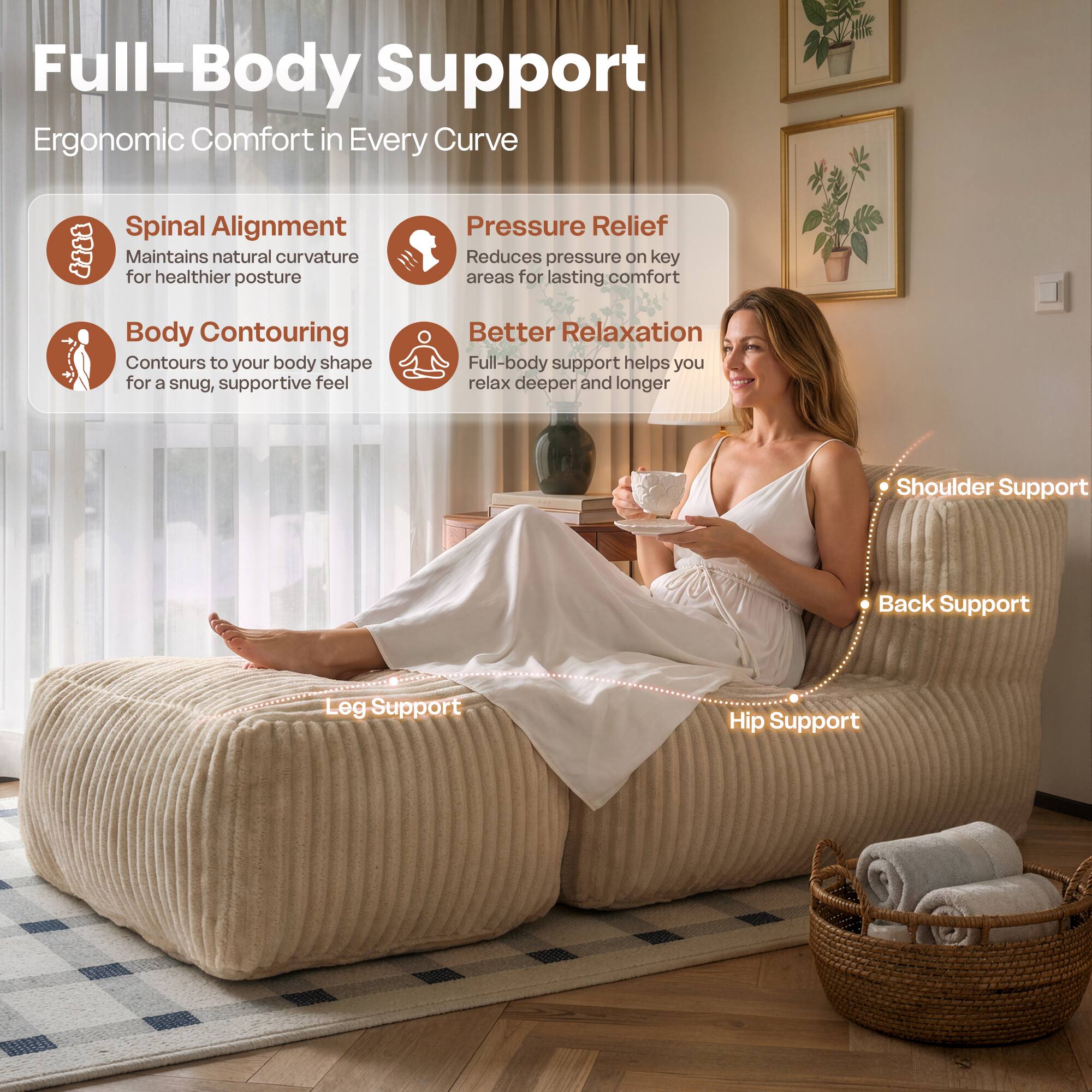 Full-Body Support  
Ergonomic Comfort in Every Curve

- Spinal Alignment  
  Maintains natural curvature for healthier posture

- Pressure Relief  
  Reduces pressure on key areas for lasting comfort

- Body Contouring  
  Contours to your body shape for a snug, supportive feel

- Better Relaxation  
  Full-body support helps you relax deeper and longer

- Shoulder Support

- Back Support

- Leg Support

- Hip Support