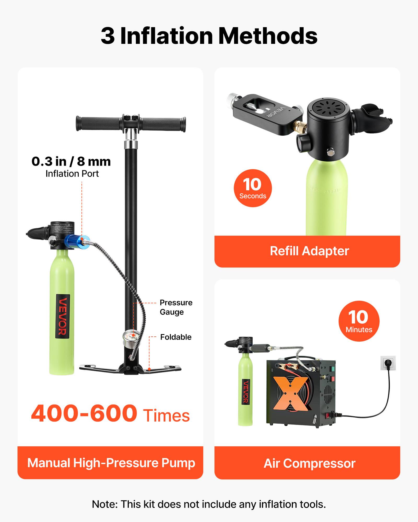 3 Inflation Methods

- 0.3 in / 8 mm Inflation Port
- 10 Seconds Refill Adapter
- 10 Minutes 400-600 Times

VEVOR X Manual High-Pressure Pump Air Compressor

Note: This kit does not include any inflation tools.