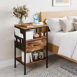 WELLFOR - 24.5" Modern Nightstand with Charging Station and Fabric Drawer - Rustic Brown