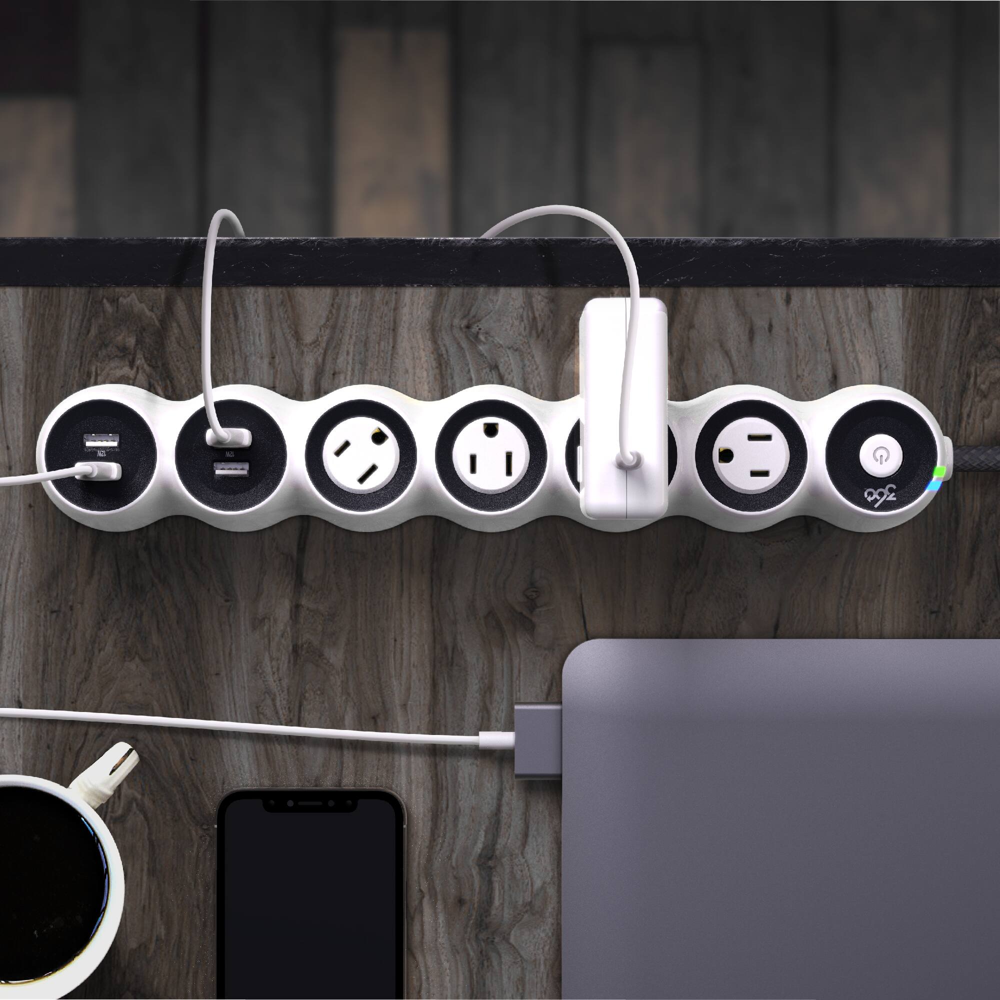 Alt View 15. 360 Electrical - PowerCurve24, 4 Rotating Outlets/4 USB-A 1080 Joules Surge Protector - White.