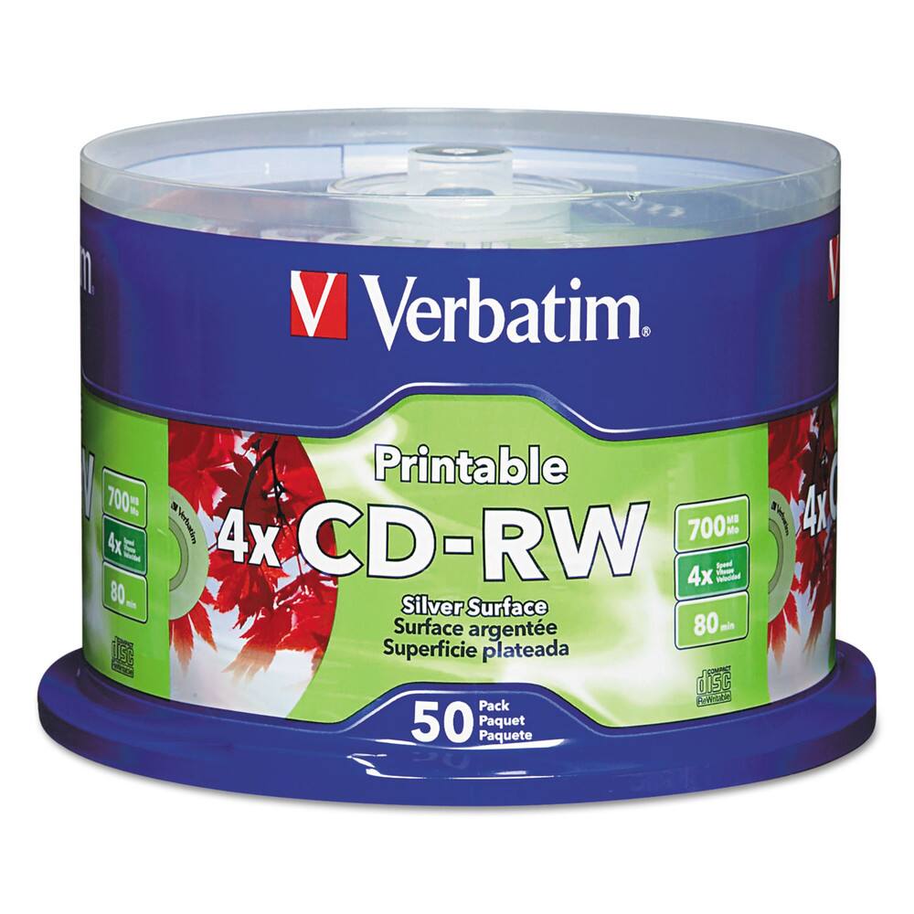 Verbatim  
Printable  
4x CD-RW  
700 MB  
4x Rewritable  
80 min  
Silver Surface  
Superficie plateada  
Pack  
Paquet  
Paquete  
50