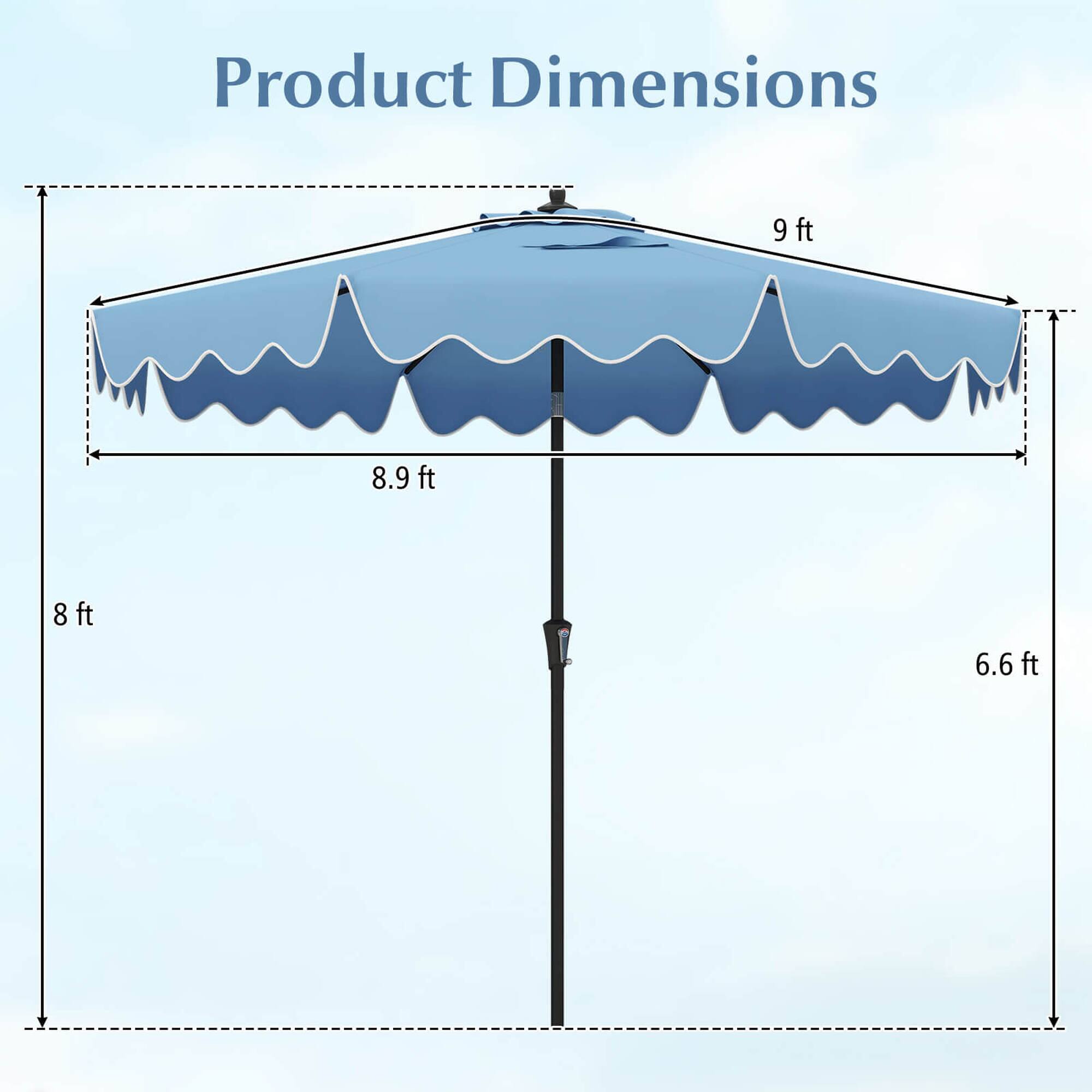 Product Dimensions

- Width: 9 ft
- Depth: 8.9 ft
- Height: 6.6 ft
- Pole Height: 8 ft