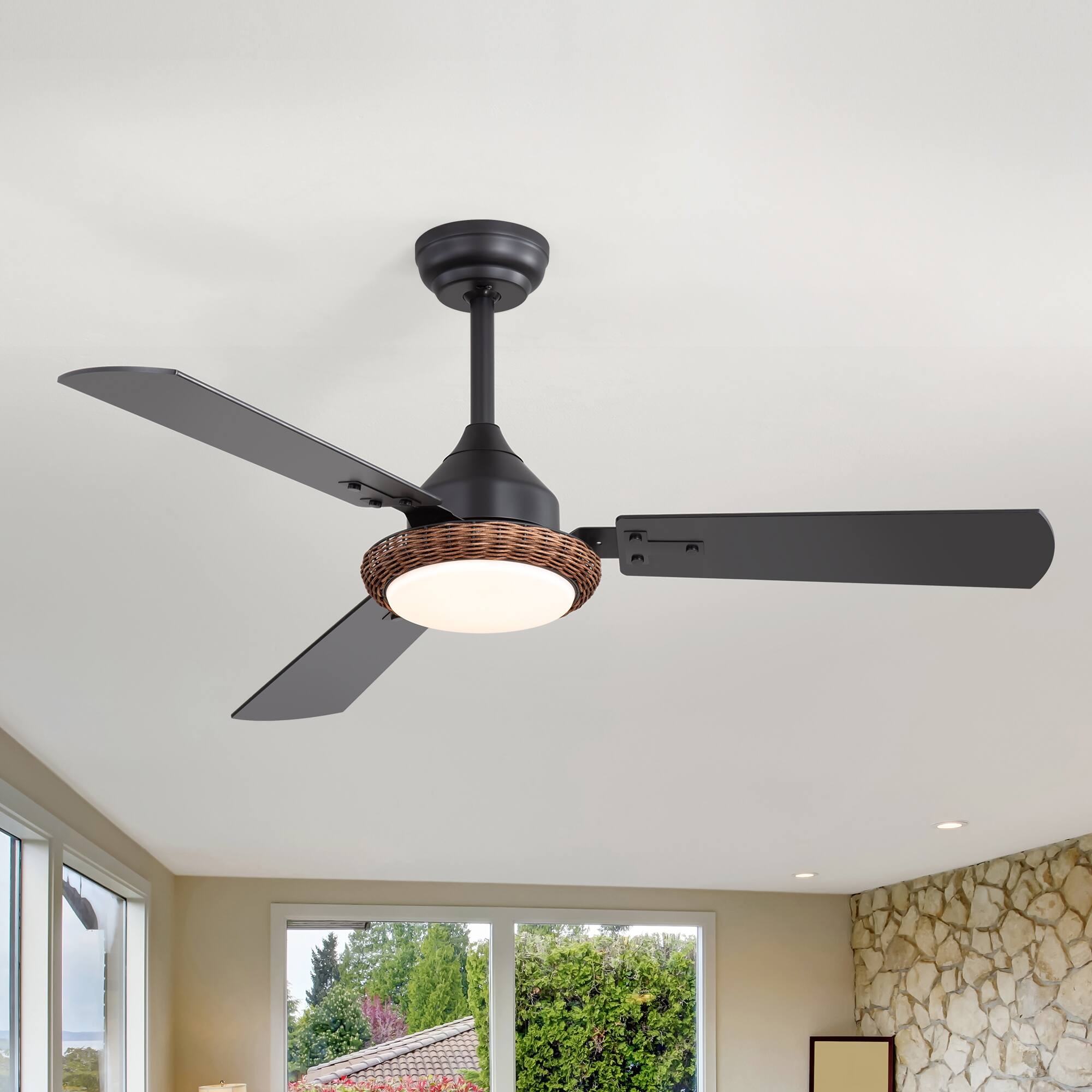 Front. Breezary - 48'' Ceiling Fan with 3-Color Light, 3 Dual-Finish Plywood Blades, DC Motor, 6-Speed Remote with Timer & Memory - Matte Black and Dark Wood Grain.