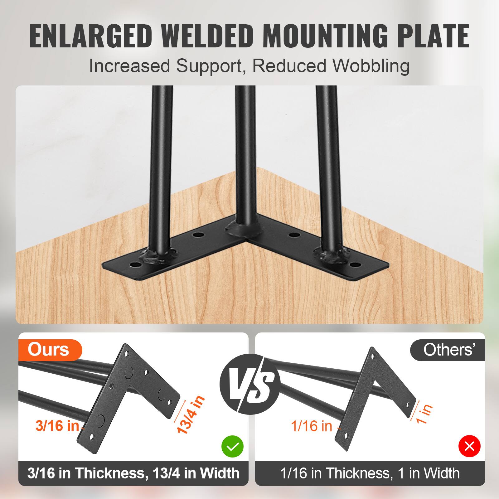 ENLARGED WELDED MOUNTING PLATE Increased Support, Reduced Wobbling Ours 3/16 in Thickness, 13/4 in Width VS Others' 1/16 in Thickness, 1 in Width