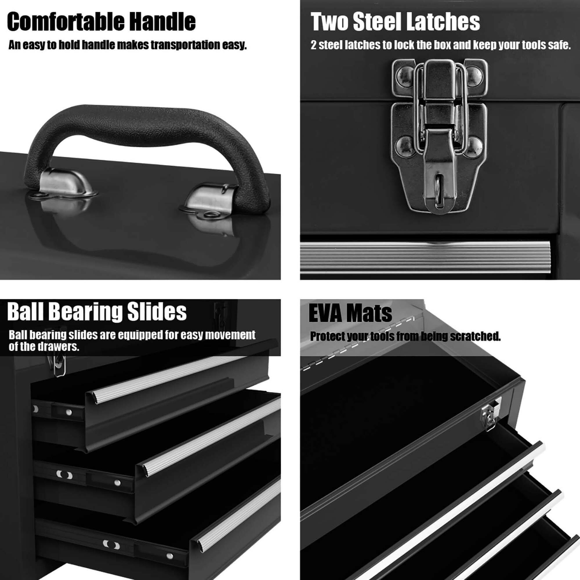 Comfortable Handle  
An easy to hold handle makes transportation easy.

Two Steel Latches  
2 steel latches to lock the box and keep your tools safe.

Ball Bearing Slides  
Ball bearing slides are equipped for easy movement of the drawers.

EVA Mats  
Protect your tools from being scratched.