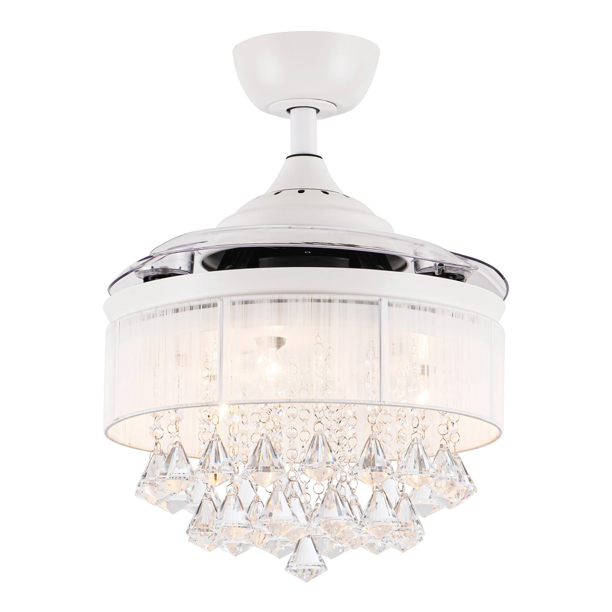 Alt View 3. Parrot Uncle - 36" White Retractable 3-blade Crystal Ceiling Fan Chandelier with Remote - Matte White.