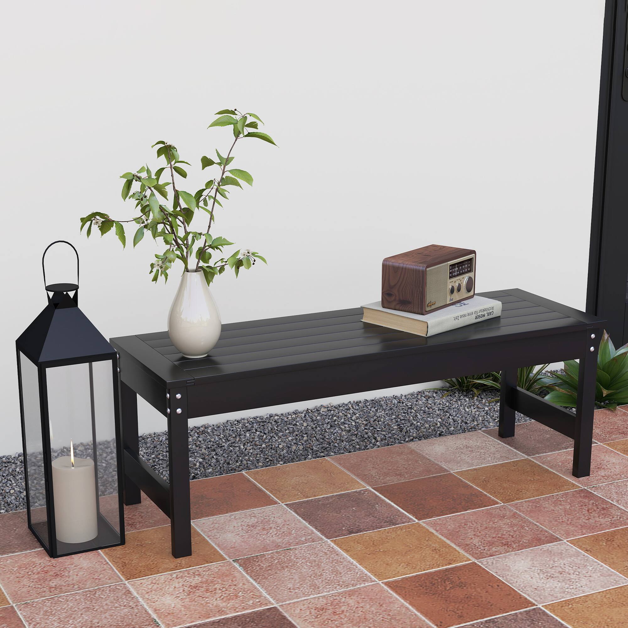 Alt View 1. Outsunny - 47" Outdoor Bench, 2-Person HDPE All-Weather Garden Bench Seat, Backless Patio Bench with Slatted Seat - Black.