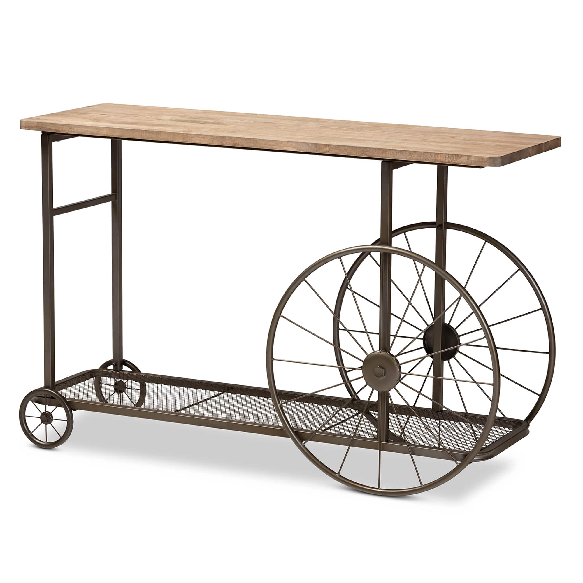 Front. Baxton Studio - Terence Vintage Rustic Industrial Finished Wood and Finished Metal Wheeled Console Table - Natural/Black.