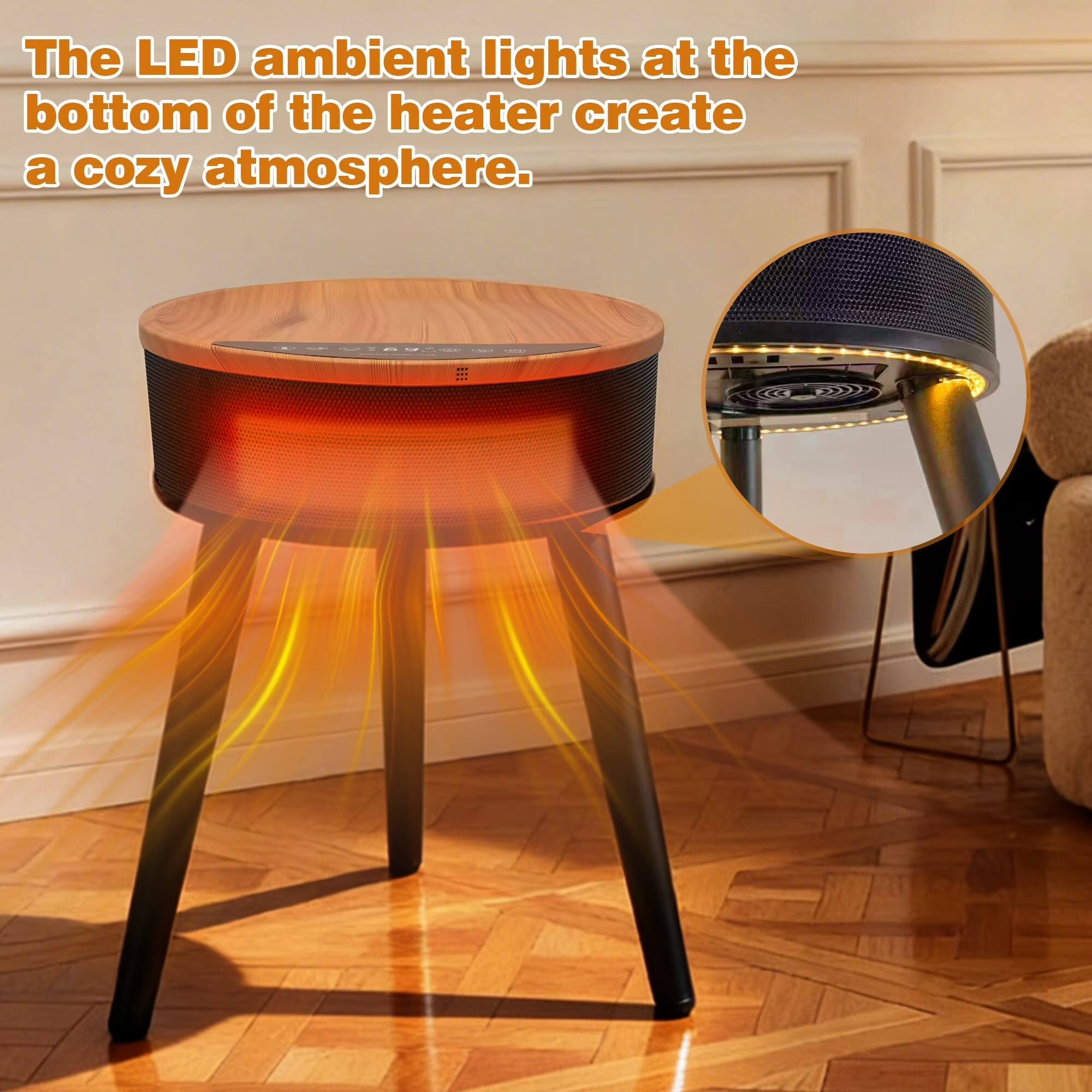 The LED ambient lights at the bottom of the heater create a cozy atmosphere.