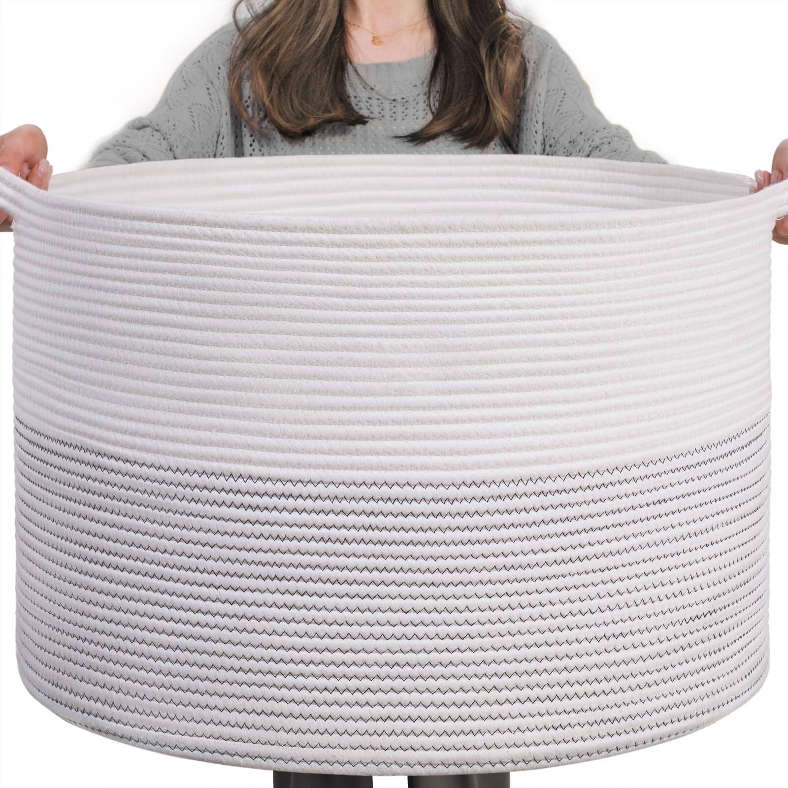 Alt View 1. Dapper Styles - Xxxlarge Cotton Rope Basket 21 7" X 13 8" Woven Laundry For Blankets Toys Storage Baskets With Handle Comfo... - White & Brown-21.7"D x 13.8"H.