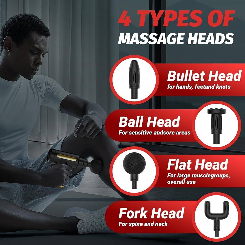 4 TYPES OF MASSAGE HEADS

- Bullet Head
  - for hands, feet and knots

- Ball Head
  - For sensitive and sore areas

- Flat Head
  - For large muscle groups, overall use

- Fork Head
  - For spine and neck