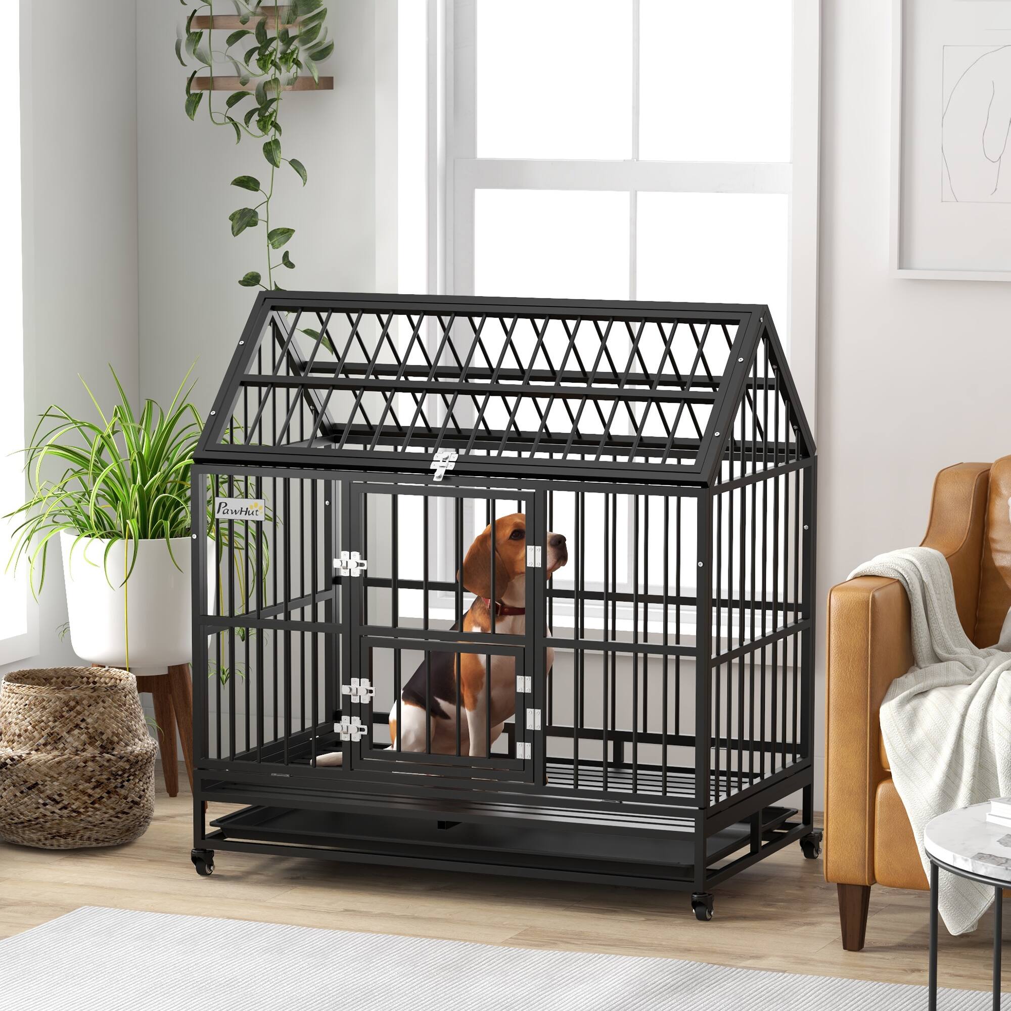 Angle. Pawhut - 48" Heavy Duty Dog Crate, Strong Steel, 4 Lockable Wheels, Double Doors, Openable Top, Removable Tray, XL/Large.