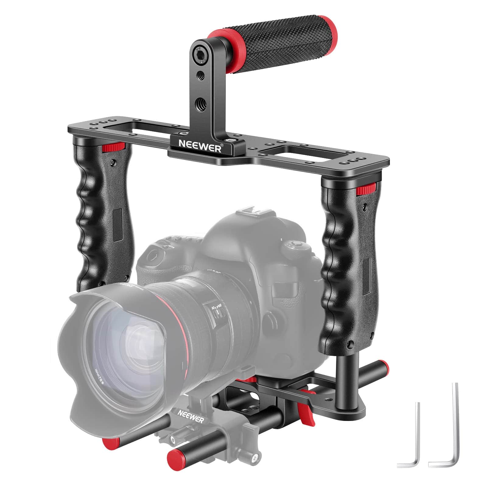 Neewer - Aluminum Camera Cage Kit with Top Handle & Dual Grips, 15mm Rods, /Red - Black