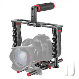 Neewer - Aluminum Camera Cage Kit with Top Handle & Dual Grips, 15mm Rods, /Red - Black