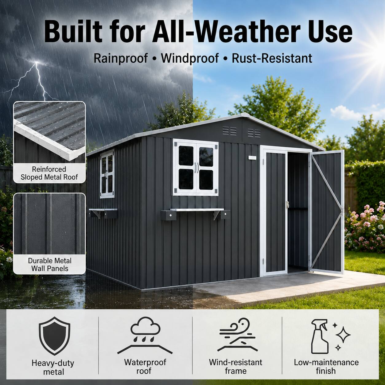 Built for All-Weather Use  
Rainproof • Windproof • Rust-Resistant  

Reinforced Sloped Metal Roof  
Durable Metal Wall Panels  

Heavy-duty metal  
Waterproof roof  
Wind-resistant frame  
Low-maintenance finish