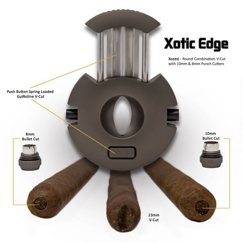 Xotic Edge Xceed - Round Combination V-Cut with 10mm & 8mm Punch Cutters  
Push Button Spring Loaded Guillotine V-Cut  
8mm Bullet Cut  
10mm Bullet Cut  
23mm V-Cut