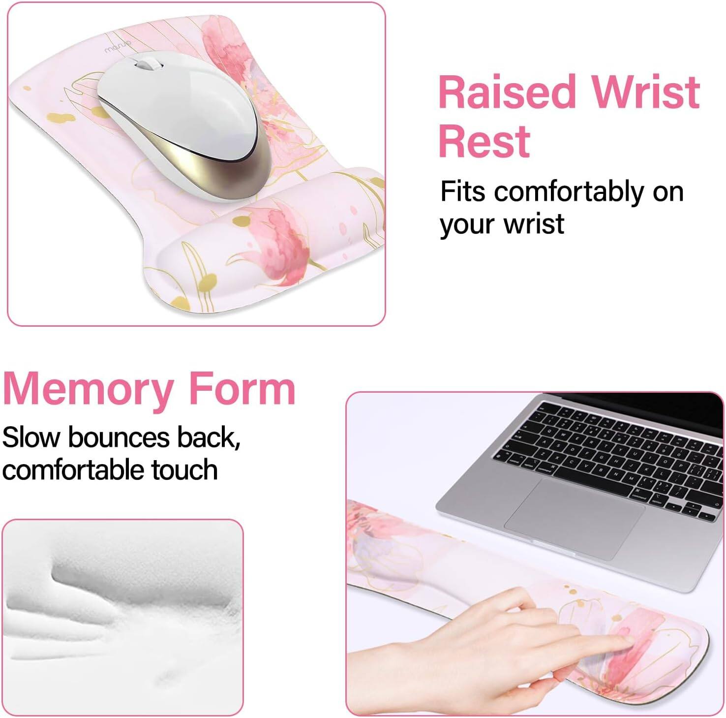 Raised Wrist Rest  
Fits comfortably on your wrist  

Memory Form  
Slow bounces back, comfortable touch