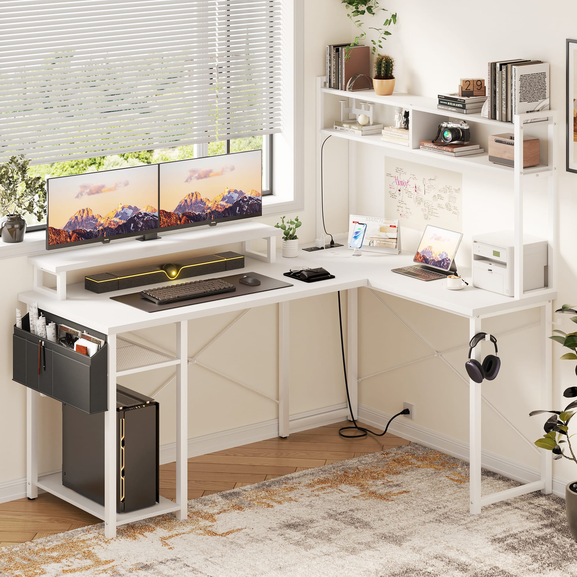 Aheaplus - Small Reversible L-Shaped Gaming Desk: LED Lights, Power Outlets, Monitor Stand & Storage for Home Office Corner - White