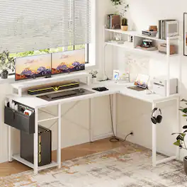 Aheaplus - Small Reversible L-Shaped Gaming Desk: LED Lights, Power Outlets, Monitor Stand & Storage for Home Office Corner - White