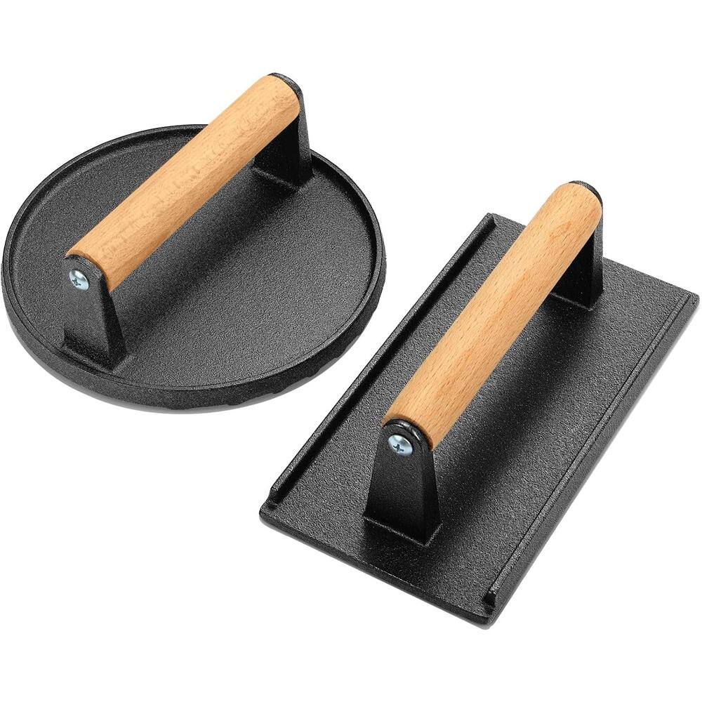 Front. Schertz - “Burger & Bacon Press Cast Iron, Round 7" & Rectangle 8.2"x4.3", Wood Handle”.