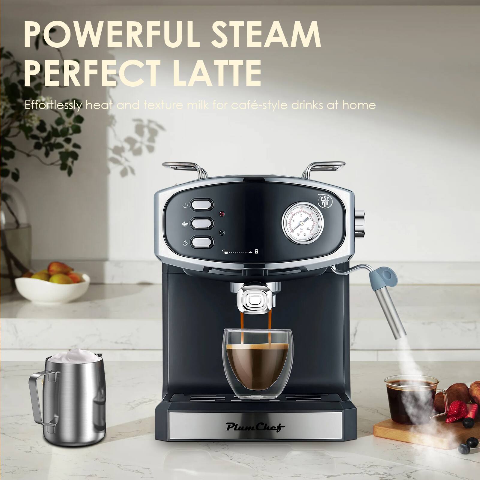 POWERFUL STEAM  
PERFECT LATTE  

Effortlessly heat and texture milk for café-style drinks at home  

Plum Chef