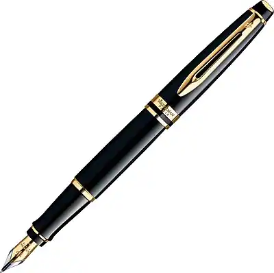 Front. Waterman - Expert Matte Black/Gold Fountain Pen, Medium Point 1.0 mm, Black Ink - Black Ink.
