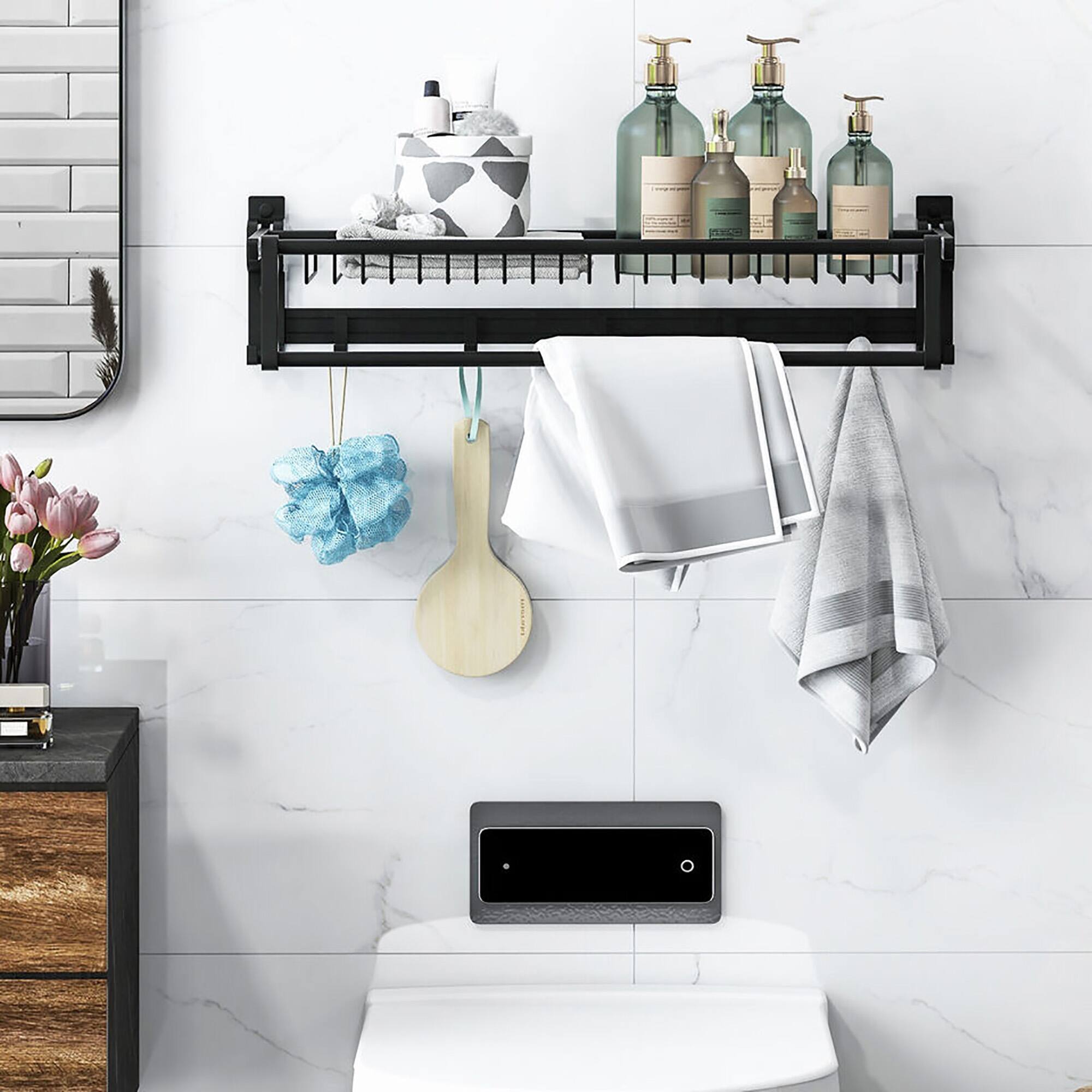 Alt View 3. Gymax - Gymax Wall Mounted Foldable Towel Rack w/ Adjustable Towel Bar & Movable Hooks Black - Black.