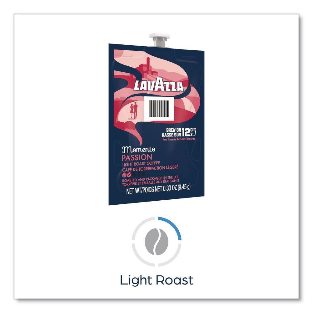 LAVAZZA BREW ON 12 For Flavia Aromo Brewer  
Momento PASSION LIGHT ROAST COFFEE  
TORRFACTION LÉGER  
CAFÉ DE TORREFACTION LÉGÈRE  
ROASTED AND PACKAGED IN THE U.S.  
TORRÉFIÉ ET EMBALLÉ AUX ÉTATS-UNIS  
NET WT/POIDS NET 0.33 OZ (9.45g)  
Light Roast