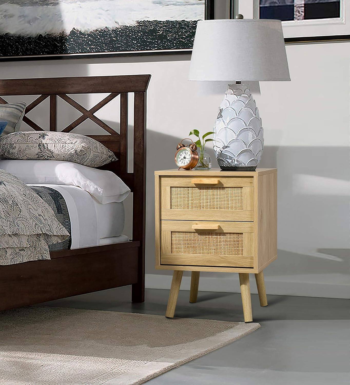 Alt View 4. Finnhomy - Finnhomy Nightstand Set of 2 – Natural Rattan Bedside Tables with 2 Drawers Each, 2-Pack - Natural.