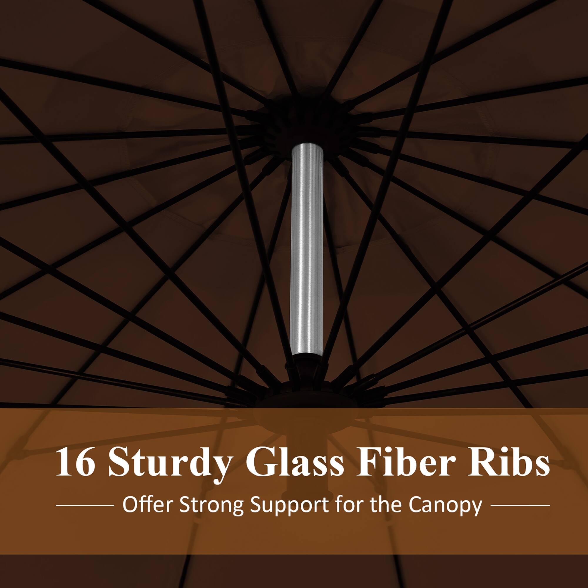 16 Sturdy Glass Fiber Ribs Offer Strong Support for the Canopy