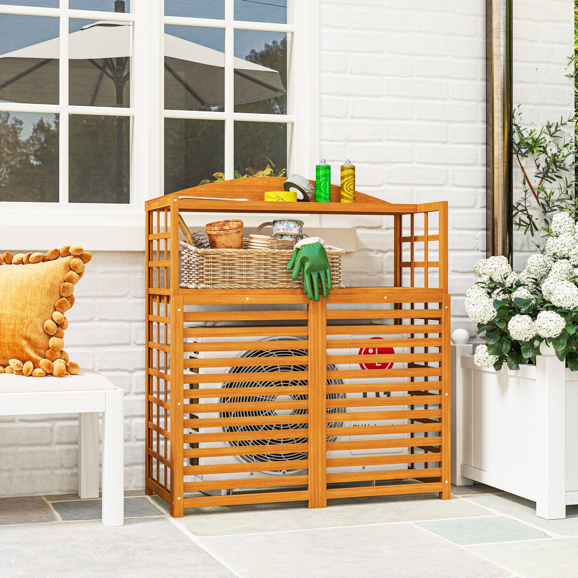 Alt View 1. Outsunny - Air Conditioner Fence Privacy Screen, Wood AC Fence Potting Table with Shelves for Patio - Light Brown.