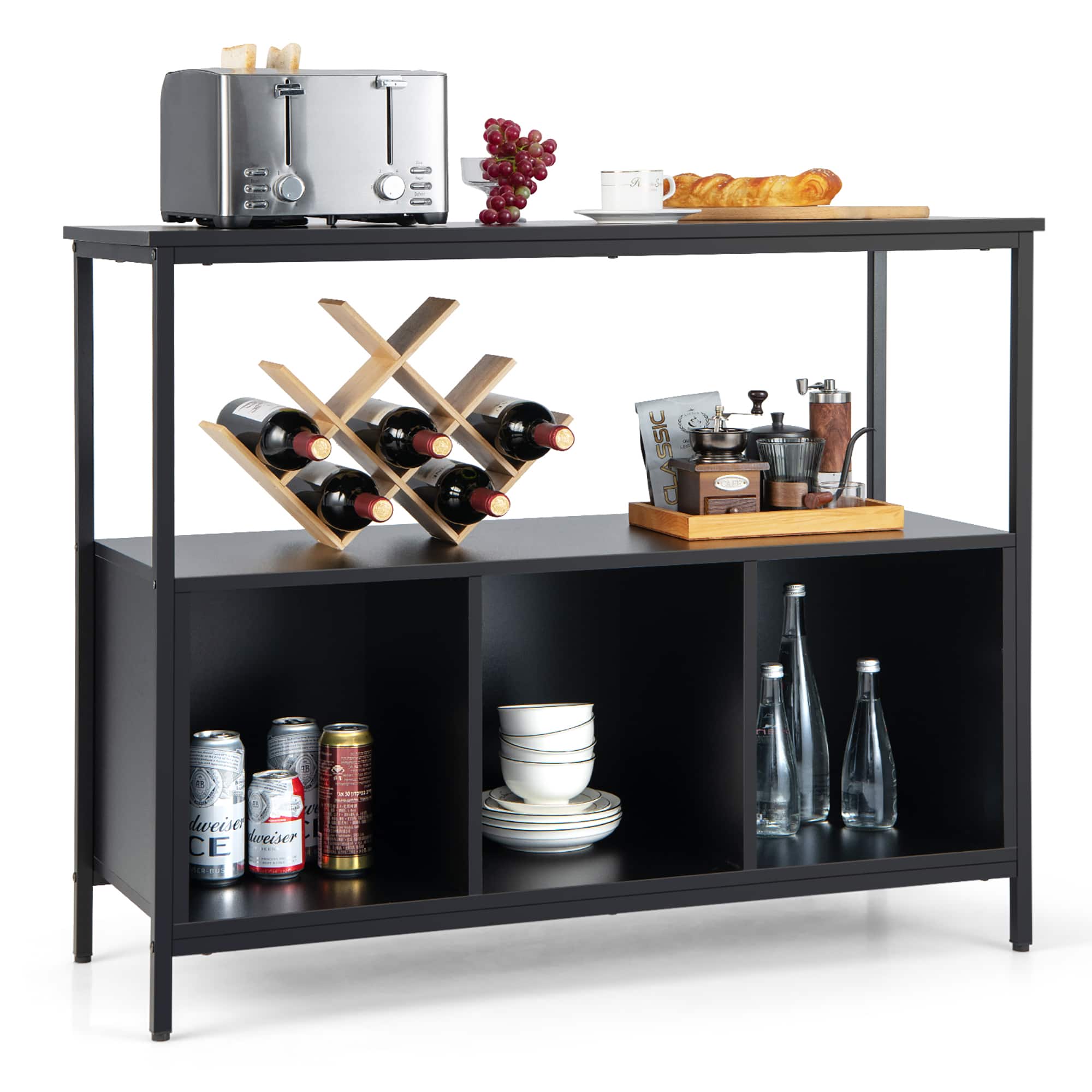 Costway - Buffet Sideboard Kitchen Storage Cabinet Open Shelf w/ 3 Compartments - Black