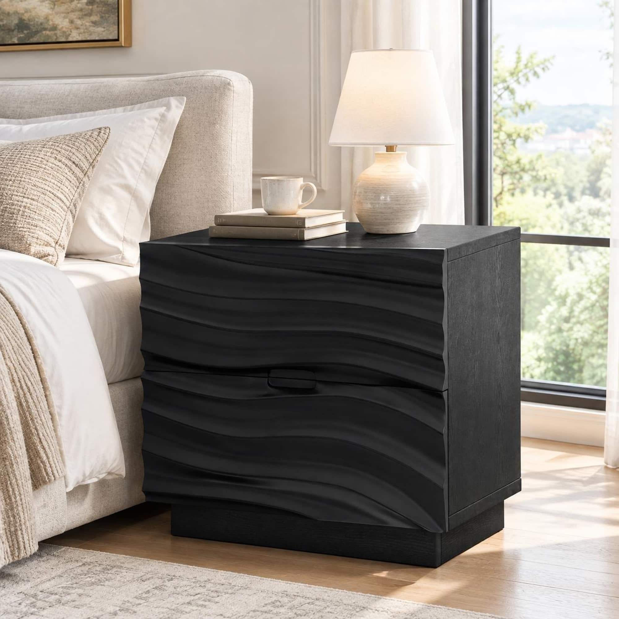 RYHNUYNE - Solid Wood Nightstands, Bedside Tables with 2 Drawers, No Handles, End Tables for Bedroom and Living Room - Black