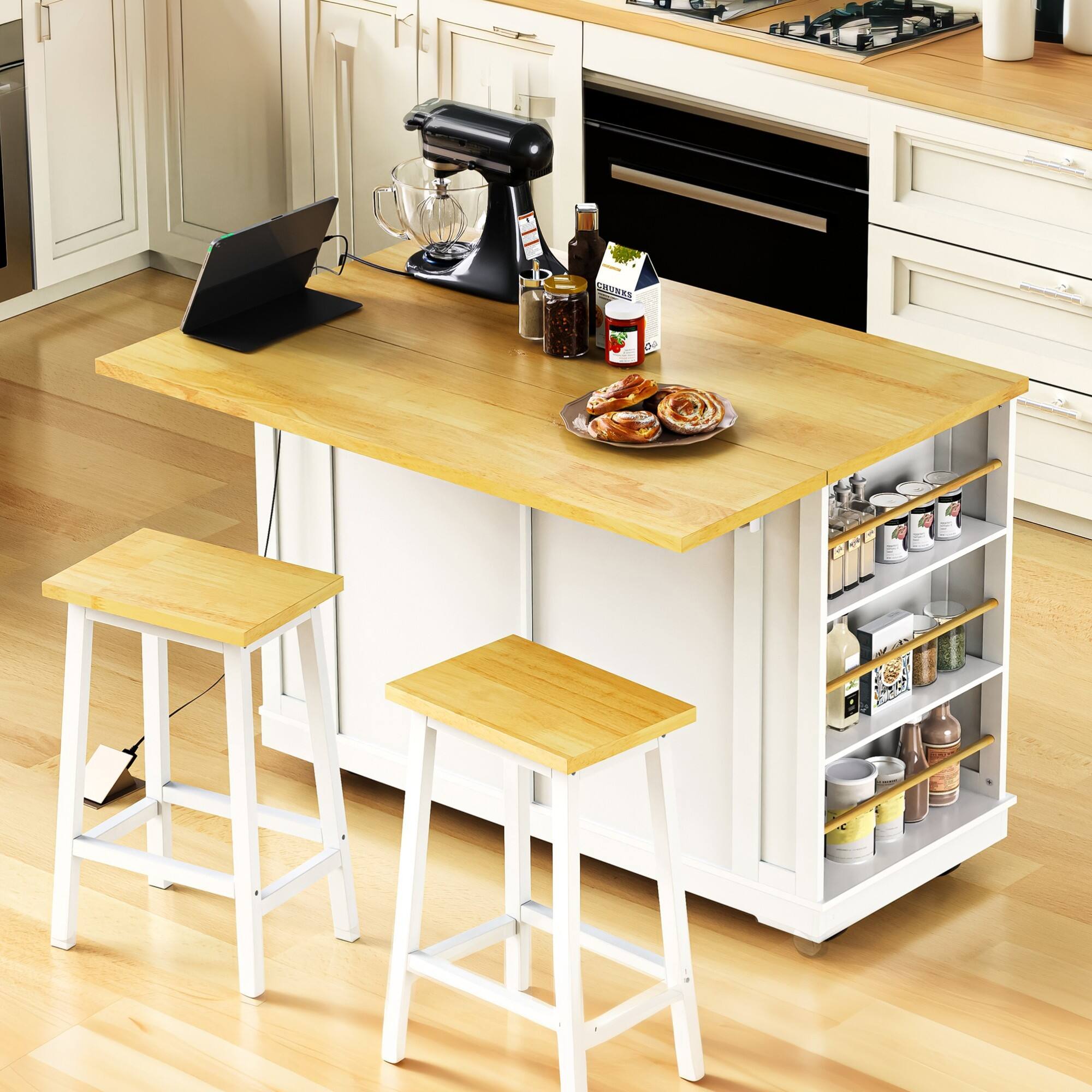 Alt View 6. ELEMENT ACE - Large Kitchen Island with Drop Leaf, Power Outlets, and Mobile Storage Cart featuring Multiple Storage Options - White.