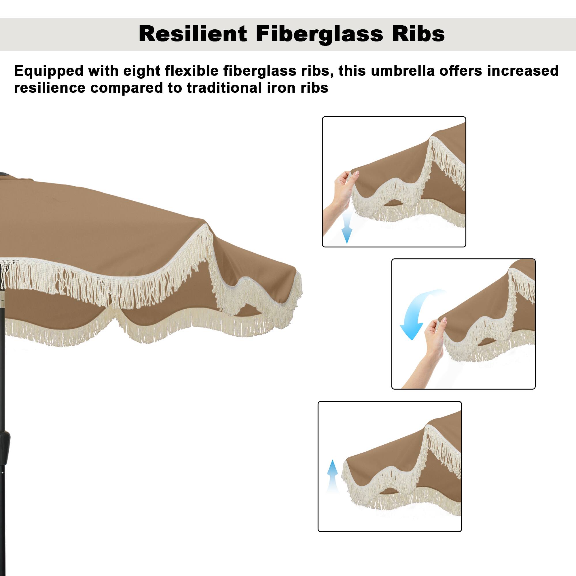 Resilient Fiberglass Ribs

Equipped with eight flexible fiberglass ribs, this umbrella offers increased resilience compared to traditional iron ribs.