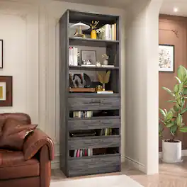 Aheaplus - Space-Saving Modular Closet Organizer - 4 Drawers, Adjustable Shelves Cabinet, Easy Assembly Tall Wardrobe - Gray Oak