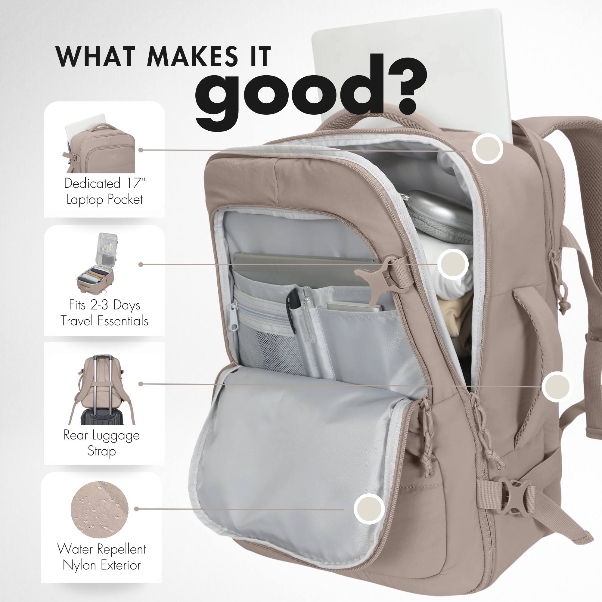 WHAT MAKES IT good?

- Dedicated 17" Laptop Pocket
- Fits 2-3 Days Travel Essentials
- Rear Luggage Strap
- Water Repellent Nylon Exterior