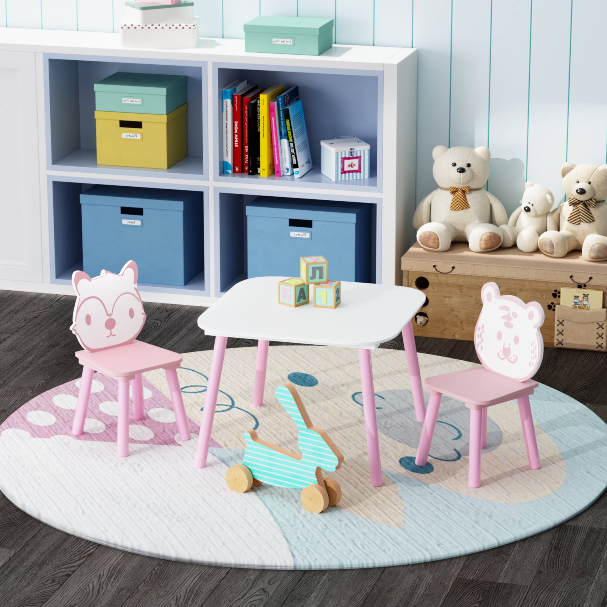 Alt View 4. Tiramisubest - Kids Table and Chair Set,3-Piece Wooden Toddler Desk with Animal Backrest,Activity Table for Playroom (Pink & White) - Pink+White.