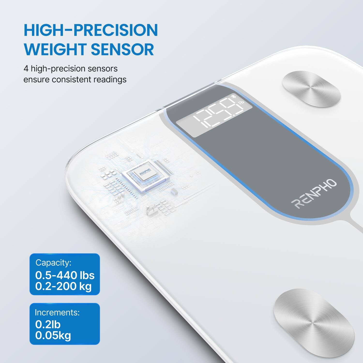 HIGH-PRECISION WEIGHT SENSOR

4 high-precision sensors ensure consistent readings

Capacity: 0.5-440 lbs / 0.2-200 kg

Increments: 0.2lb / 0.05kg