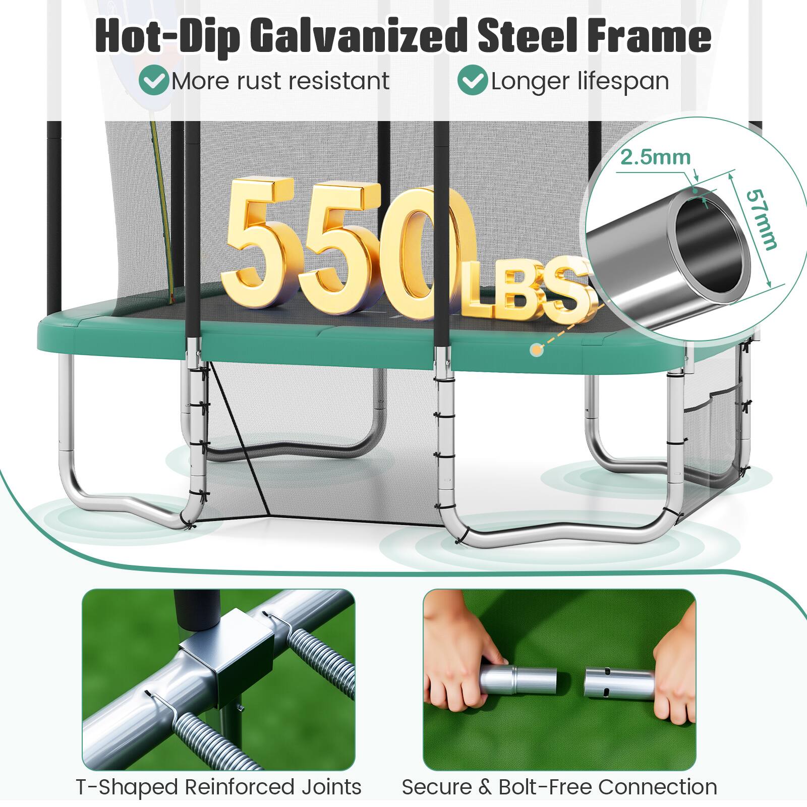 Hot-Dip Galvanized Steel Frame  
- More rust resistant  
- Longer lifespan  

2.5mm  
550LBS  
57mm  

T-Shaped Reinforced Joints  
Secure & Bolt-Free Connection